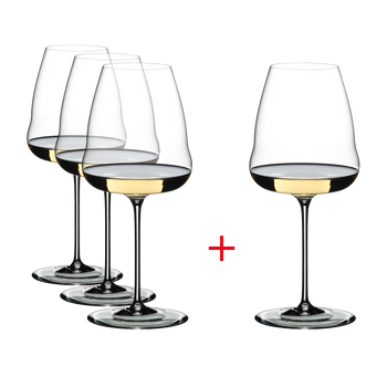 Three RIEDEL Winewings Sauvignon Blanc glasses are slightly offset one behind the other on the right and one glass on the left. A red plus sign is placed between the glasses. All 4 RIEDEL Winewings Sauvignon Blanc glasses are filled with wine wine.