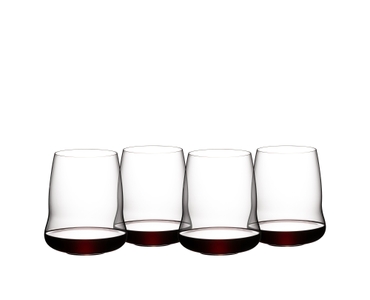 4 SL RIEDEL Stemless Wings Cabernet Sauvignon glasses filled with red wine on white background