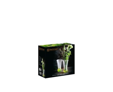 2 NACHTMANN Spring Vase Lime side by side on white background with product dimensions. The upper part of the vase is clear crystal glass while the base is textured lime coloured crystal glass.