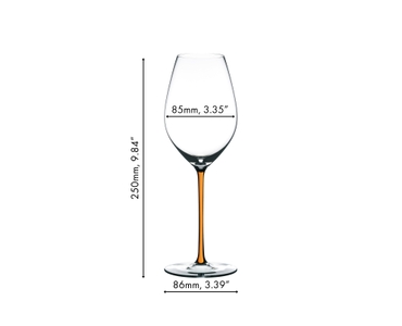 A RIEDEL Fatto A Mano Champagne Glass with an orange stem and filled with champagne on a white background.