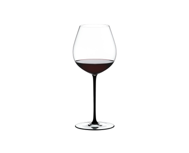 RIEDEL Fatto A Mano Pinot Noir Black filled with a drink on a white background