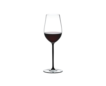 RIEDEL Fatto A Mano Riesling/Zinfandel Black filled with a drink on a white background
