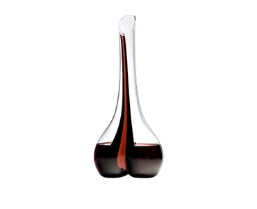 A RIEDEL Black Tie Smile Decanter Red with a black/red/black stripe and filled with red wine.