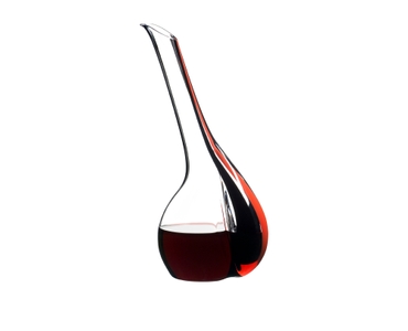 A RIEDEL Black Tie Touch Decanter Red with a black/red/black stripe and filled with red wine on a white background. A red line indicates the level of 750ml wine.
