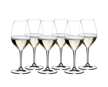 RIEDEL Vinum Champagner Weinglas gefüllt mit einem Getränk auf weißem Hintergrund