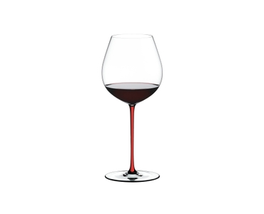 RIEDEL Fatto A Mano Pinot Noir Red R.Q. filled with a drink on a white background