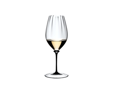 RIEDEL Fatto A Mano Performance Riesling Black Stem filled with a drink on a white background