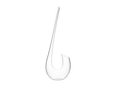 Red wine filled RIEDEL Swan Mini Decanter on white background. A red line indicates the level of 375ml wine.