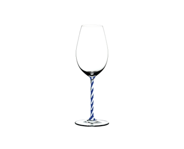 RIEDEL Fatto A Mano Champagne Wine Glass - blue white twisted - Hotel du Cap Eden Roc Edition filled with a drink on a white background