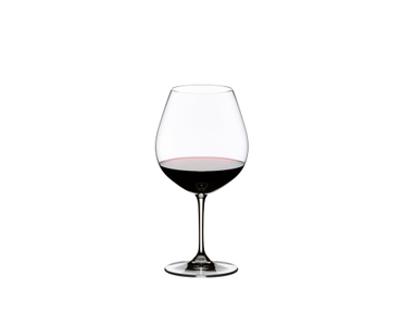 RIEDEL Vinum Restaurant Pinot Noir (Burgundy red) filled with a drink on a white background