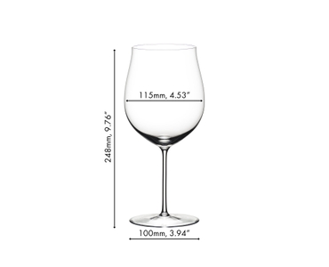 Red wine filled RIEDEL Sommeliers Burgundy Grand Cru glass on white background
