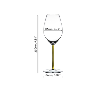 A RIEDEL Fatto A Mano Riesling/Zinfandel glass in yellow filled with red wine on a white background. 