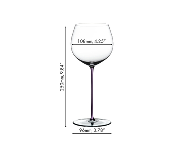 A RIEDEL Fatto A Mano Oaked Chardonnay glass in violet filled with white wine on a white background. 