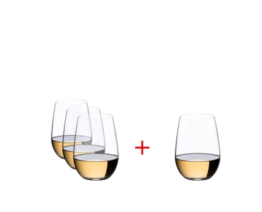 Three RIEDEL O Wine Tumbler Riesling/Sauvignon Blanc are slightly offset one behind the other on the right and one glass on the left. A red plus sign is placed between the glasses. All 4 RIEDEL O Wine Tumbler are filled with white wine.