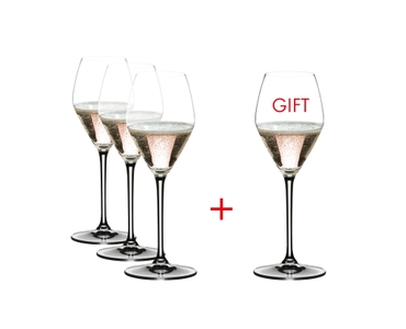 4 RIEDEL Extreme Champagne Glass / Rosé Wine Glasses filled with Rosé Champagne on white background