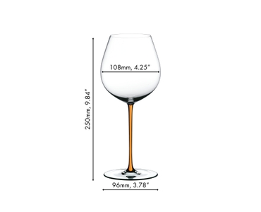 A RIEDEL Fatto A Mano Pinot Noir with an orange stem and filled with red wine on a white background.