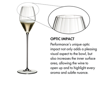 A RIEDEL High Performance Champagne Glass with a clear stem filled with champagne on a white background. 