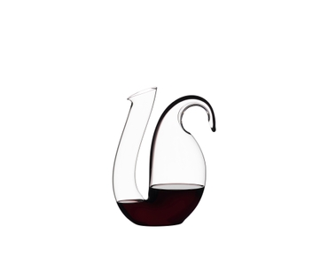 RIEDEL Ayam Decanter - black filled with a drink on a white background