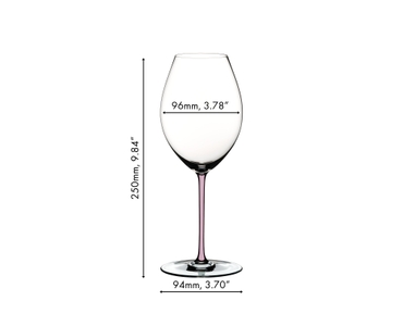 A RIEDEL Fatto A Mano Syrah with a pink colored stem and filled with red wine on a white background.