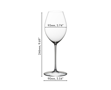 A RIEDEL Veritas New World Shiraz glass filled with red wine on white background