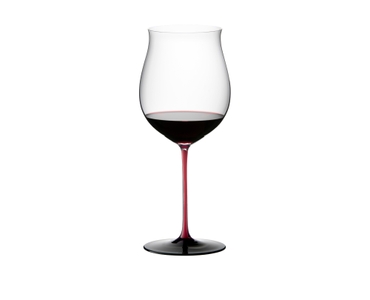 An unfilled RIEDEL Sommeliers Black Series Burgundy Grand Cru with a red stem on a white background with product dimensions.
