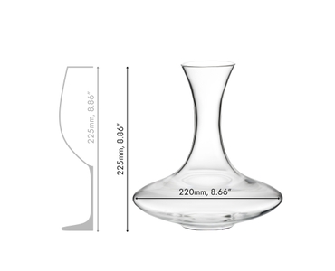 A RIEDEL Ultra Decanter filled with red wine against a white background.