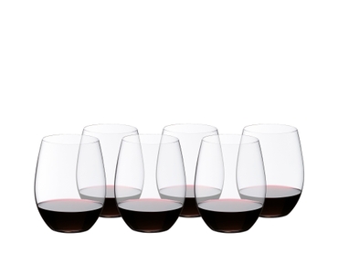 6 RIEDEL O Wine Tumbler Cabernet/Merlot filled with red wine stand in two rows staggered side by side