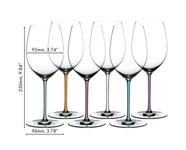 Six RIEDEL Fatto A Mano Cabernet/Merlot glasses with different coloured stems (f.l.t.r.: mint, orange, mauve, white, turquoise and violet) stand around a red wine filled RIEDEL Amadeo Black Tie Decanter on a light grey ground against a light grey background.