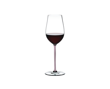 A RIEDEL Fatto A Mano Riesling/Zinfandel glass in pink filled with white wine on a transparent background. 