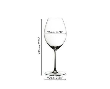 A red wine filled RIEDEL Veritas Old World Syrah glass on white background