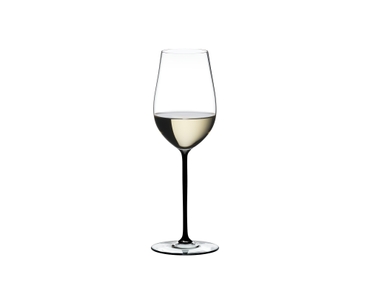 A RIEDEL Fatto A Mano Riesling/Zinfandel glass in black filled with white wine on a transparent background. 