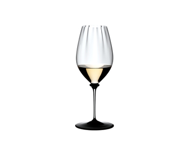 RIEDEL Fatto A Mano Performance Riesling Black Base filled with a drink on a white background