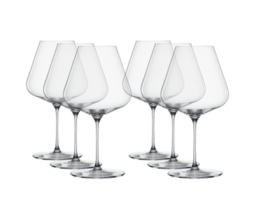 6 unfilled SPIEGELAU Definition Burgundy glasses stand in two rows slightly offset side by side