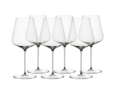 SPIEGELAU Definition Bordeaux Glass filled with a drink on a white background