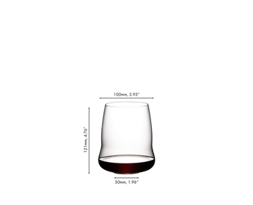 A SL RIEDEL Stemless Wings Cabernet/Merlot glass filled with red wine on a white background. 