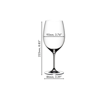 A red wine filled RIEDEL Vinum Cabernet Sauvignon/Merlot (Bordeaux) glass on white background