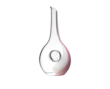 Red wine filled RIEDEL Sakura Decanter with a white-pink-white stripe down one side and an embedded flower motif in the center. A red line indicates the level of 750ml wine.