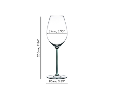 A RIEDEL Fatto A Mano Champagne Glass with a mint colored stem and filled with champagne on a white background.