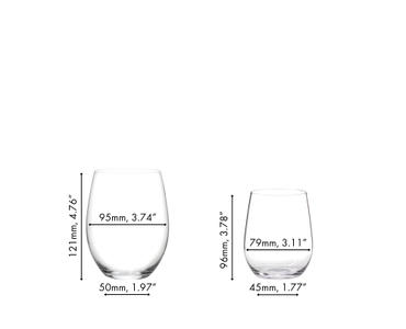 A red wine filled RIEDEL O Wine Tumbler Cabernet/Merlot next to a white wine filled RIEDEL O Wine Tumbler Viognier/Chardonnay on a white background