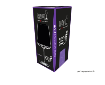 A RIEDEL Winewings Syrah glass on a white background with product dimensions: Height: 250 mm / 9.84 in, Biggest diameter: 110 mm / 4.33 in, Base diameter: 100 mm / 3.94 in.