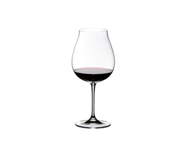 RIEDEL Vinum New World Pinot Noir Set filled with a drink on a white background