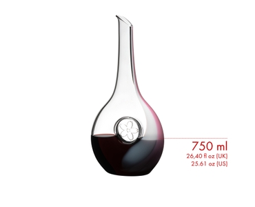 A red wine filled RIEDEL Sakura decanter with product dimensions and a schematic drawing of a wine glass showing the size ratio of the products.