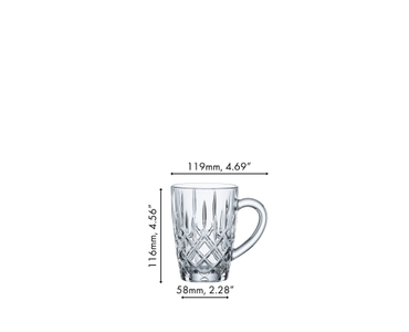 An unfilled NACHTMANN Noblesse Hot Beverage Mug on white background with product dimensions