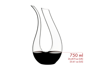 Red wine filled RIEDEL Amadeo Decanter and a schematic wine glass icon which shows the height of the decanter and the wine glass in relation.
