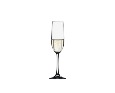 SPIEGELAU Vino Grande Champagne Flute filled with a drink on a white background
