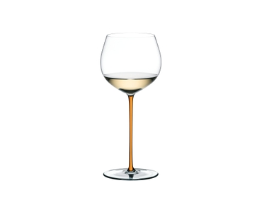 A RIEDEL Fatto A Mano Oaked Chardonnay glass in orange filled with white wine on a transparent background. 