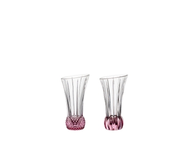 2 NACHTMANN Spring Vase Rosé side by side. The upper part of the vase is clear crystal glass while the base is textured rose coloured crystal glass.