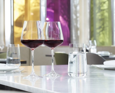An unfilled Spiegelau Capri Bordeaux glass on white background