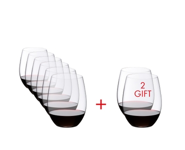 8 RIEDEL O Wine Tumbler Cabernet/Merlot glasses lined up with a textual note that 2 of the 8 glasses are freebies in the set.