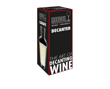 RIEDEL Wine Friendly Decanter filled with red wine on white background. A red line indicates the level of 750ml wine.